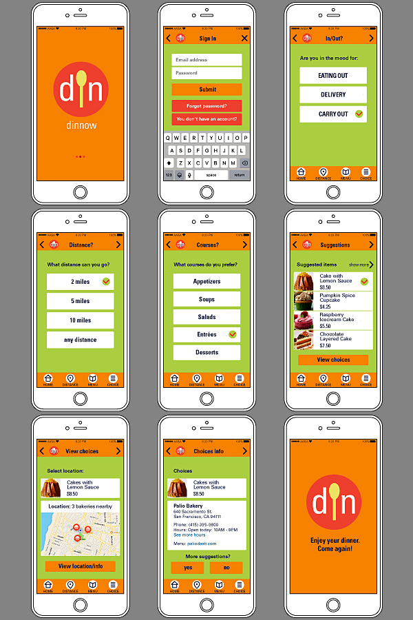 dinnow hi-fi app screens